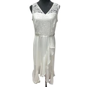 Women’s Floral Lace Dress Elegant V Neck Ruffle zip back White XL  Beach wedding